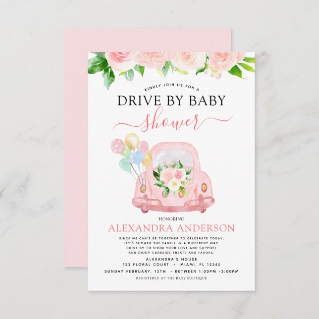 Drive By Baby Shower Floral Blush Pink Invitation (Front/Back)