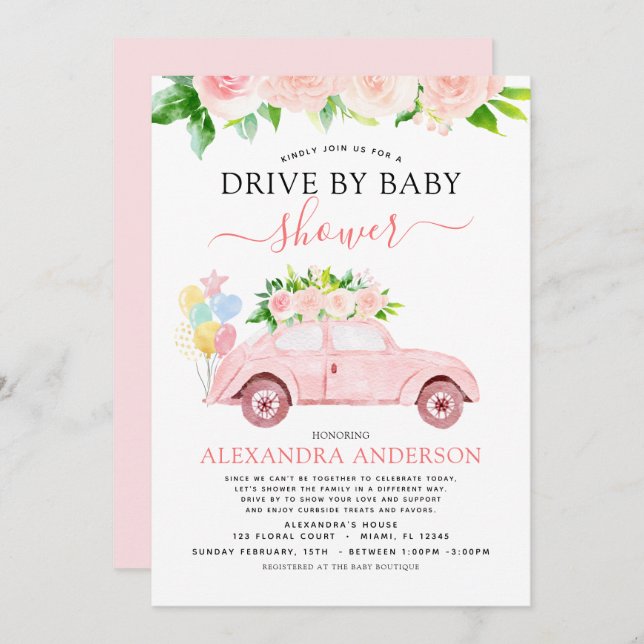 Drive By Baby Shower Floral Blush Pink Invitation (Front/Back)