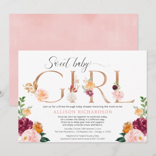 Drive-by baby shower girl rose gold burgundy blush invitation (Front/Back)