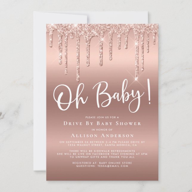 Drive By Baby Shower Glitter Drip Rose Gold Invitation (Front)