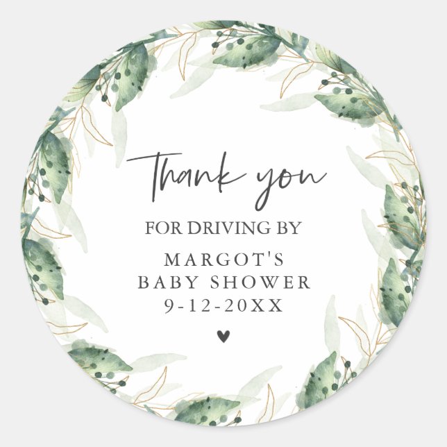 Drive By Baby Shower Greenery And Gold Classic Round Sticker (Front)