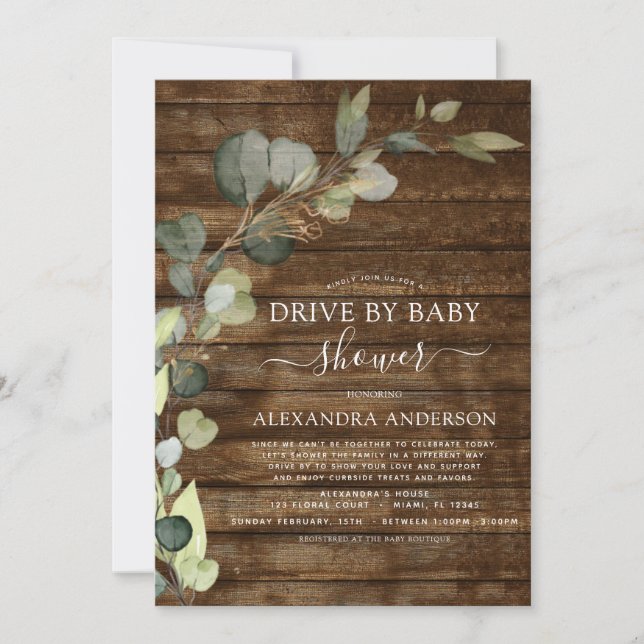 Drive By Baby Shower Greenery Eucalyptus Invitation (Front)