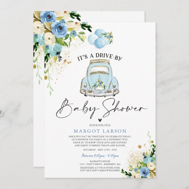 Drive By Baby Shower Invitation Blue Floral Shower (Front/Back)