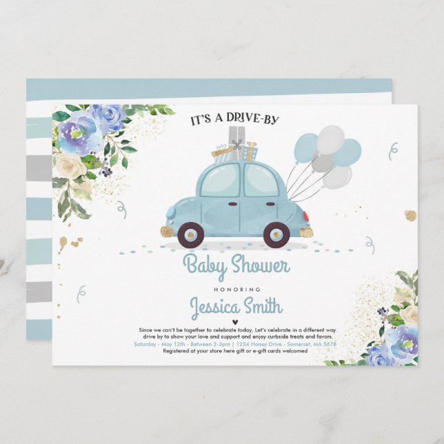 Drive By Baby Shower Invitation Blue Floral Shower (Front/Back)