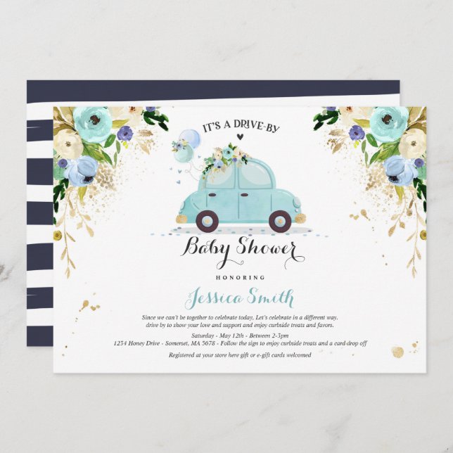 Drive By Baby Shower Invitation Blue Floral Shower (Front/Back)