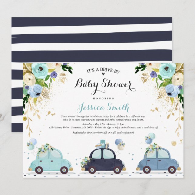 Drive By Baby Shower Invitation Blue Floral Shower (Front/Back)