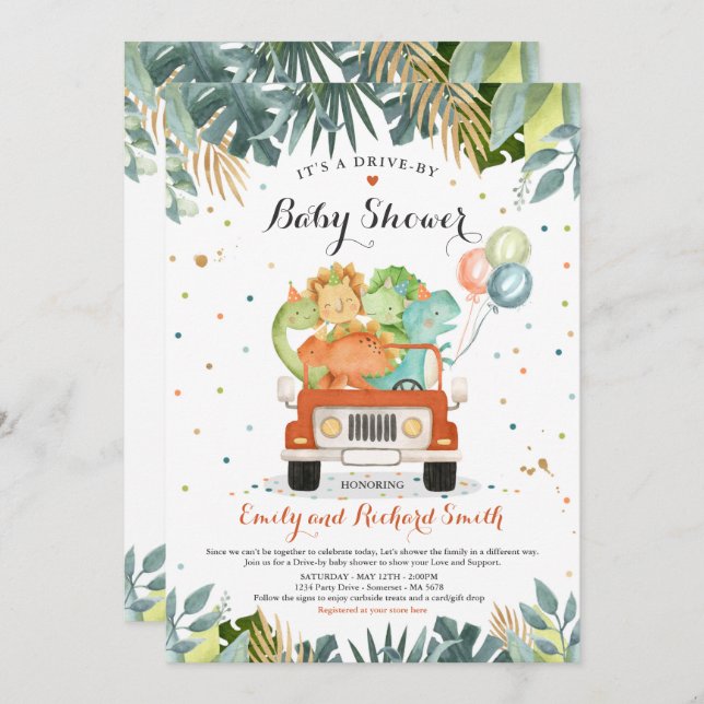 Drive By Baby Shower Invitation Dinosaur Shower (Front/Back)