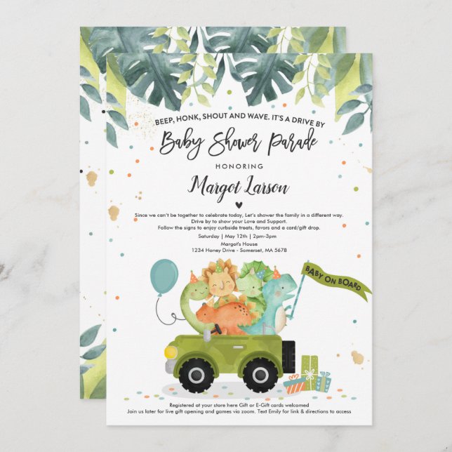 Drive By Baby Shower Invitation Dinosaur Shower (Front/Back)