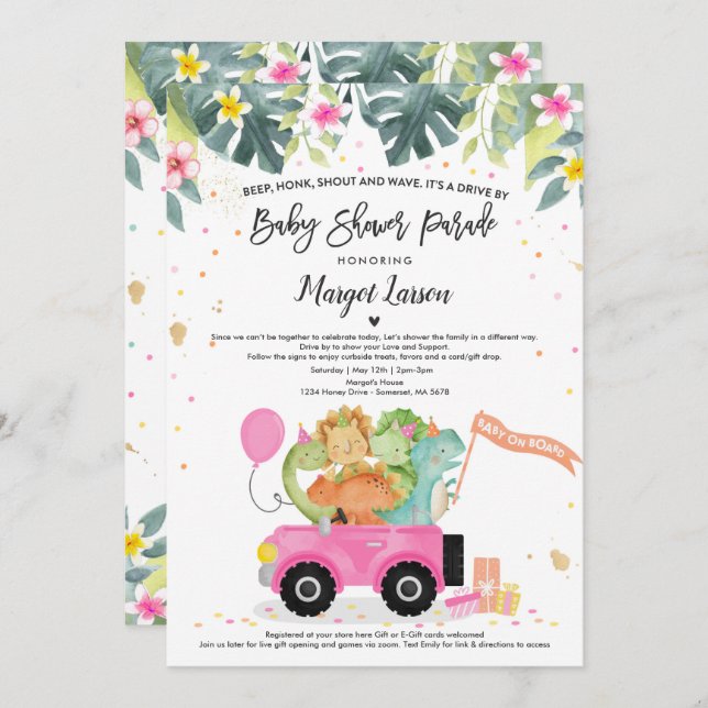 Drive By Baby Shower Invitation Dinosaur Shower (Front/Back)