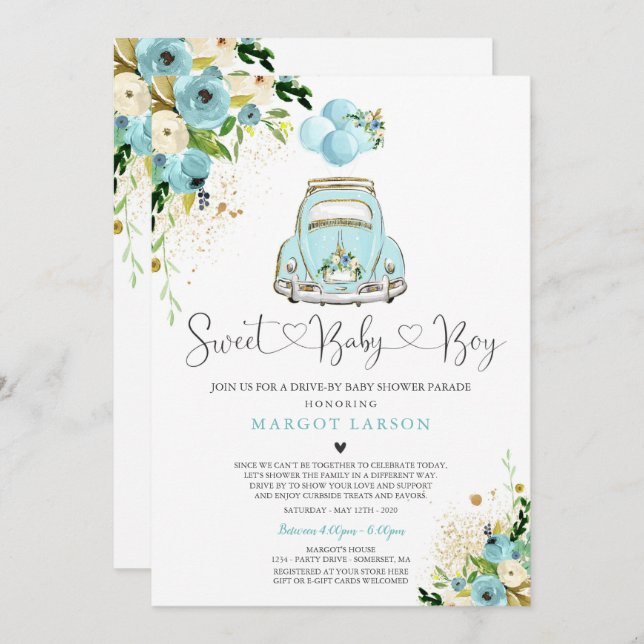Drive By Baby Shower Invitation Mint Floral Shower (Front/Back)