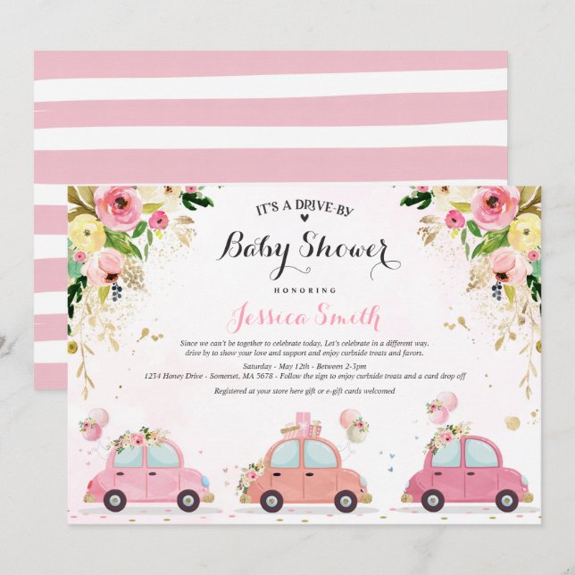 Drive By Baby Shower Invitation Pink Floral Shower (Front/Back)