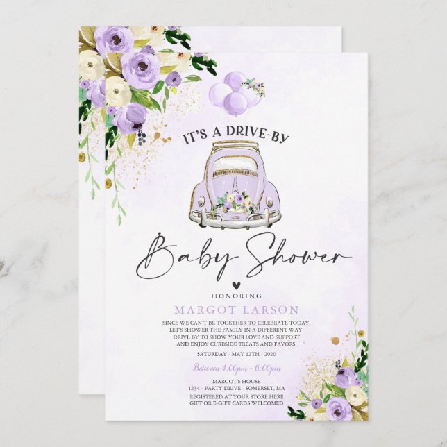 Drive By Baby Shower Invitation Purple Floral (Front/Back)