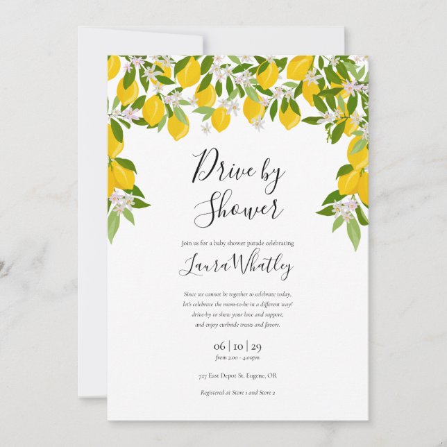 Drive By Baby Shower Lemons Blossom Greenery  Invitation (Front)