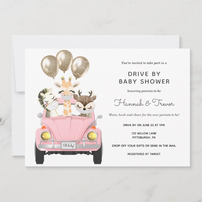 Drive By Baby Shower Parade Pink Car Invitation (Front)