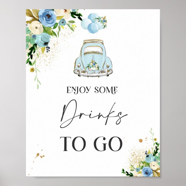 Drive By Baby Shower Party Decor Sign Blue Floral (Front)
