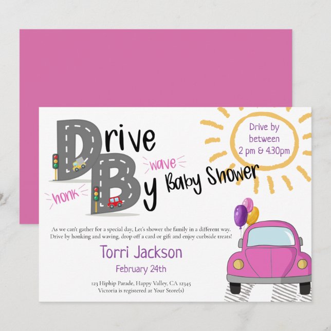 Drive By Baby Shower Pink Car and Balloons Invitation (Front/Back)