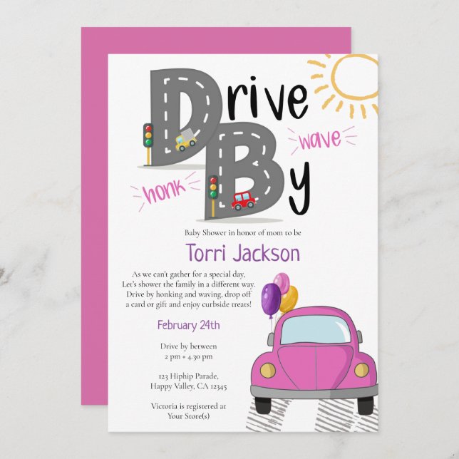 Drive By Baby Shower Pink Car for Girl Invitation (Front/Back)