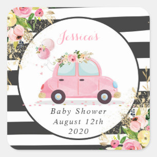 Drive By Baby Shower Pink Floral Favour Tag Sticke