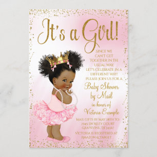 Drive By Baby Shower Pink Gold Afro Princess Tutu Invitation