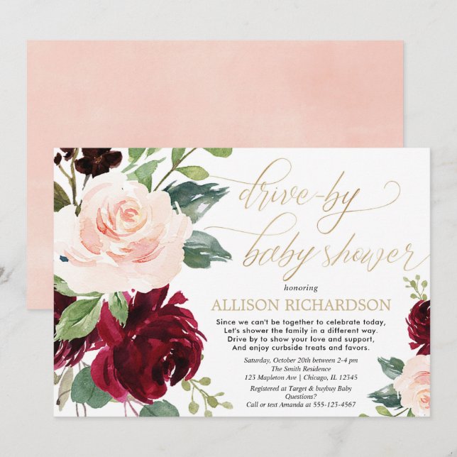 Drive by baby shower pink gold burgundy floral invitation (Front/Back)