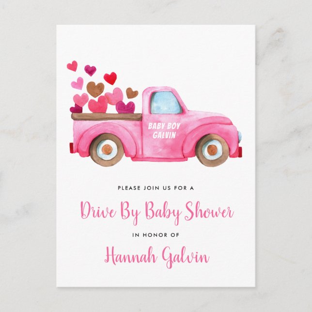 Drive By Baby Shower Pink Truck Hearts Invitation Postcard (Front)