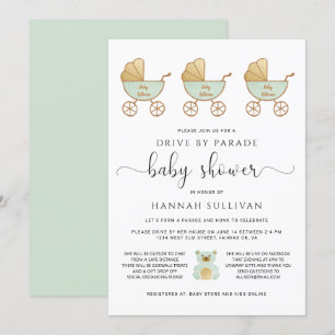 Drive By Baby Shower   Retro Carriage Green Gold Invitation