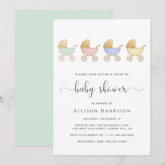 Drive By Baby Shower Retro Carriages Parade Invitation (Front/Back)
