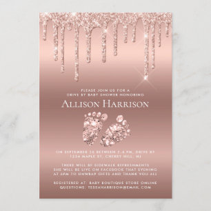 Drive By Baby Shower Rose Gold Glitter Invitation