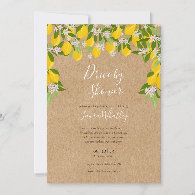 Drive By Baby Shower Rustic Lemons Greenery Invitation (Front)