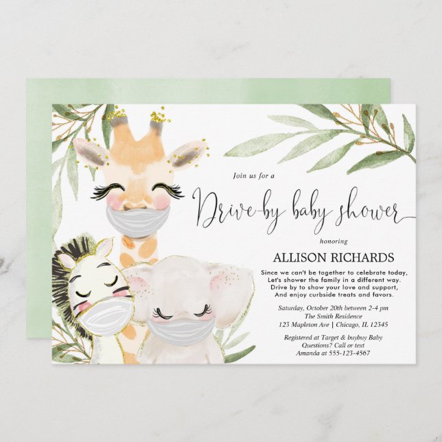 Drive-by baby shower safari animals gender neutral invitation (Front/Back)