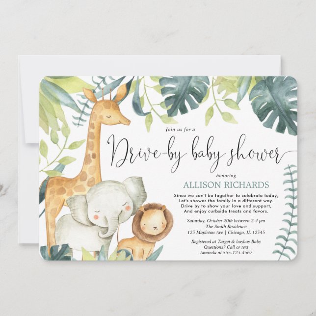 Drive-by baby shower safari jungle animals invitation (Front)