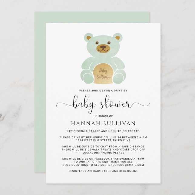 Drive By Baby Shower Teddy Bear Green Gold Minimal Invitation (Front/Back)