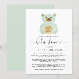 Drive By Baby Shower Teddy Bear Green Gold Minimal Invitation