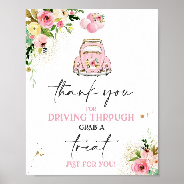 Drive By Baby Shower Treat Favor Sign Pink Floral (Front)