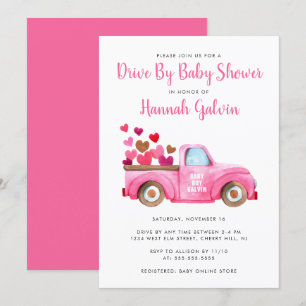 Drive By Baby Shower Truckload of Hearts Pink Invitation