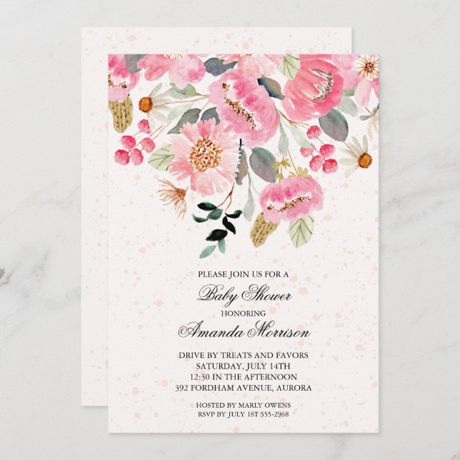 Drive By Baby Shower Watercolor Flowers Invitation (Front/Back)
