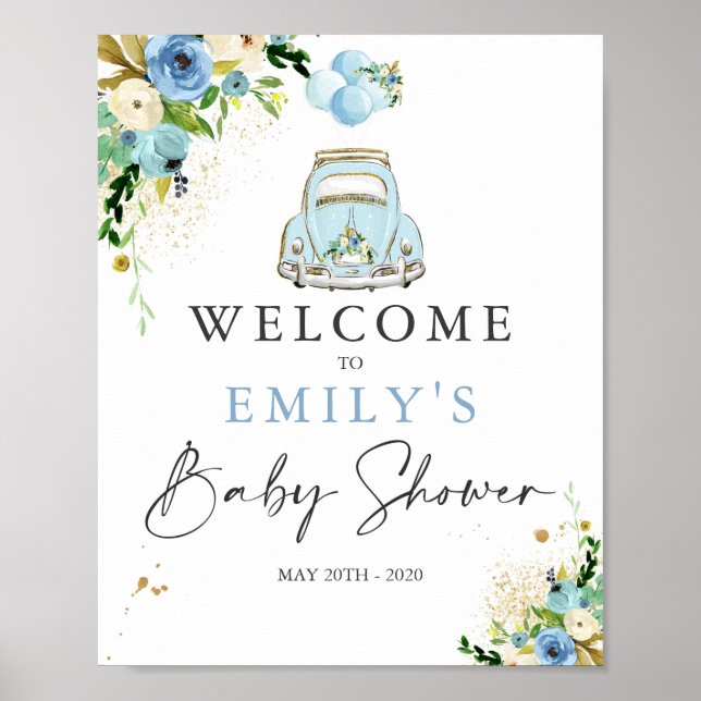 Drive By Baby Shower Welcome Sign Blue Floral (Front)