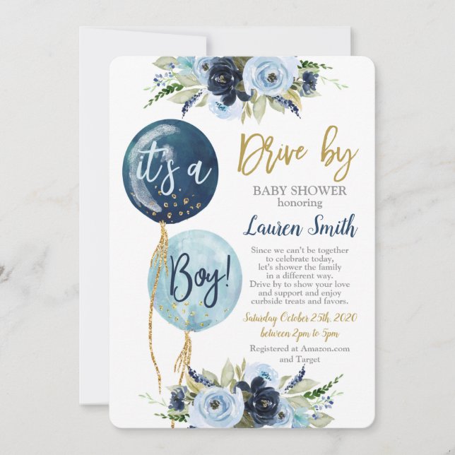 Drive by balloons baby shower boy invitation (Front)