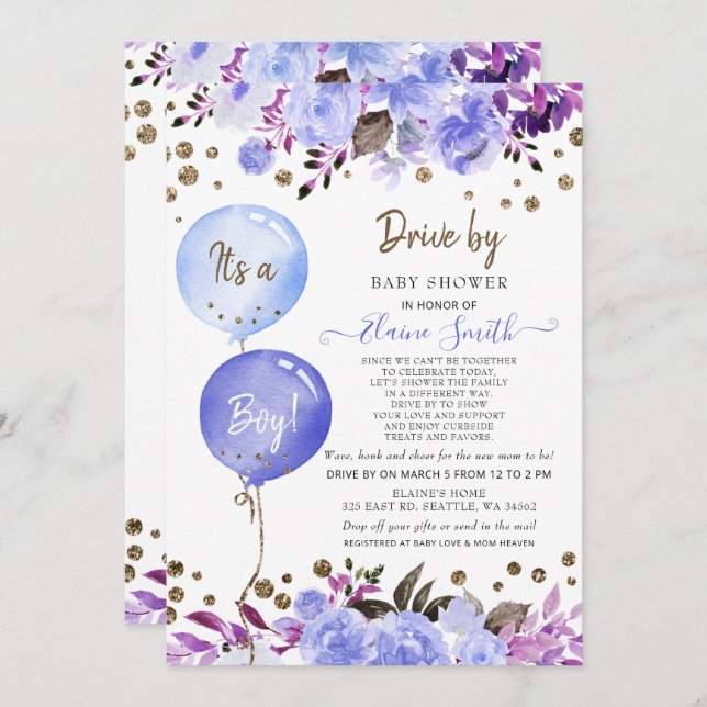 Drive by Balloons Blue Floral Boy Baby Shower Invitation (Front/Back)