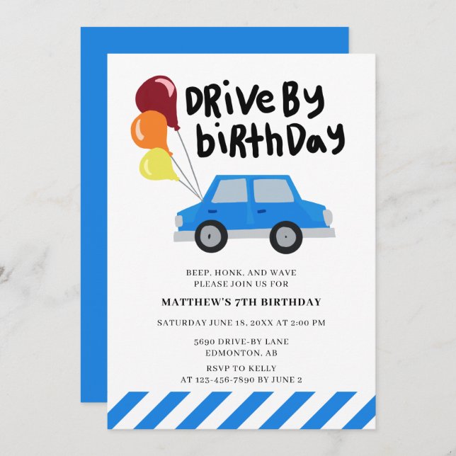 Drive-by Birthday Cute Blue Car Balloons Simple Invitation (Front/Back)