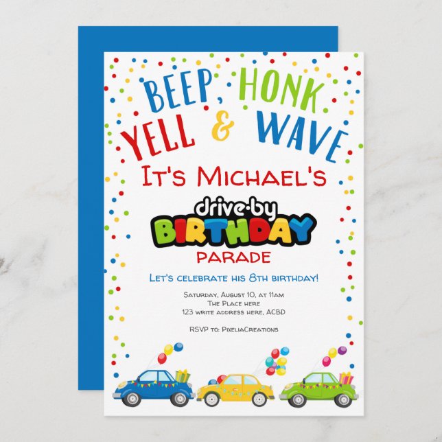 Drive by Birthday Parade, Boy birthday Invitation (Front/Back)