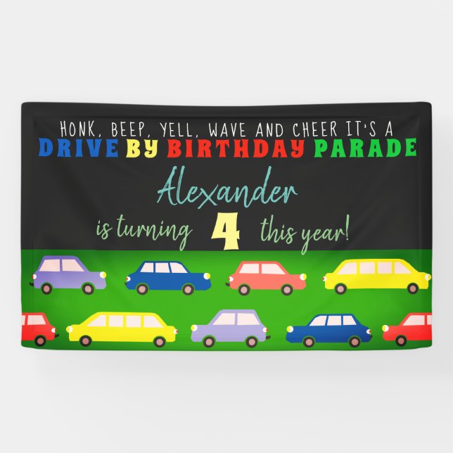 Drive By Birthday Parade Cars Colourful Party Banner (Horizontal)