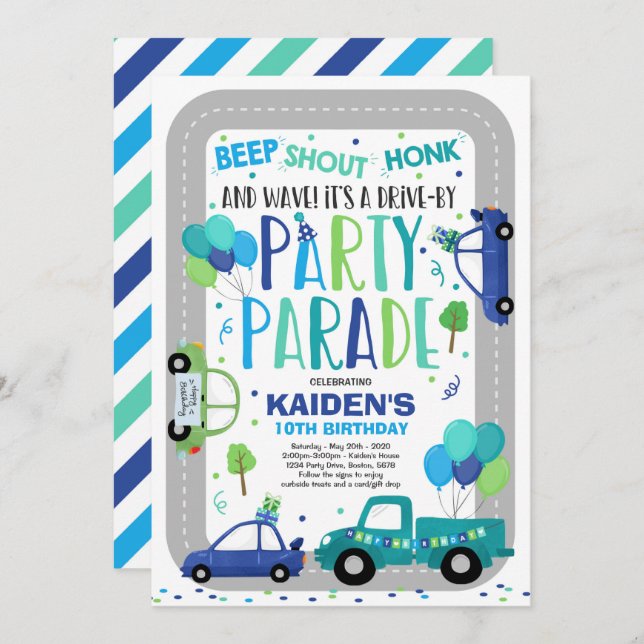 Drive By Birthday Parade Invitation Blue Parade (Front/Back)