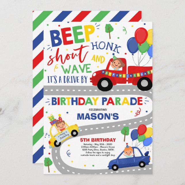 Drive By Birthday Parade Invitation Blue Parade (Front/Back)