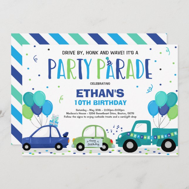 Drive By Birthday Parade Invitation Blue Parade (Front/Back)