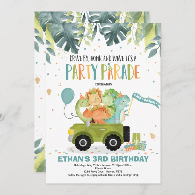 Drive By Birthday Parade Invitation Dinosaur Party (Front/Back)