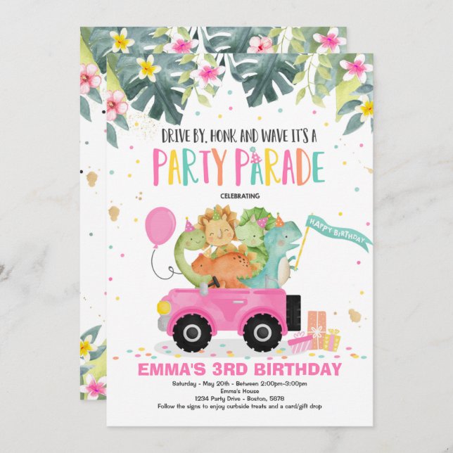 Drive By Birthday Parade Invitation Dinosaur Party (Front/Back)