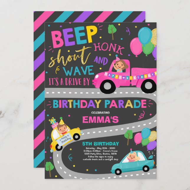Drive By Birthday Parade Invitation Pink Parade (Front/Back)