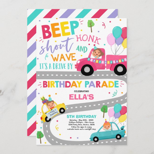 Drive By Birthday Parade Invitation Pink Parade (Front/Back)