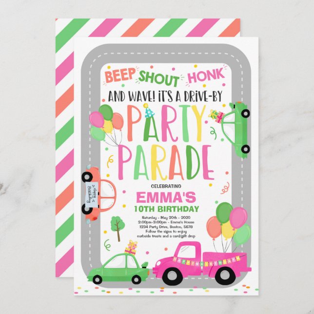 Drive By Birthday Parade Invitation Pink Parade (Front/Back)